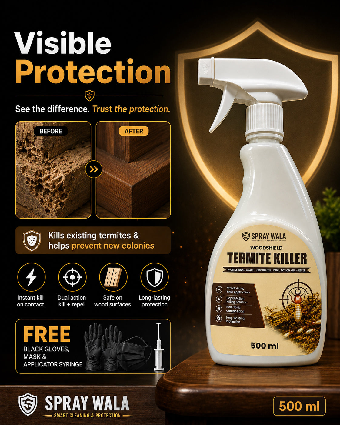 Woodshield Termite Killer Spray 500ml – Powerful Protection Formula | SPRAYWALA