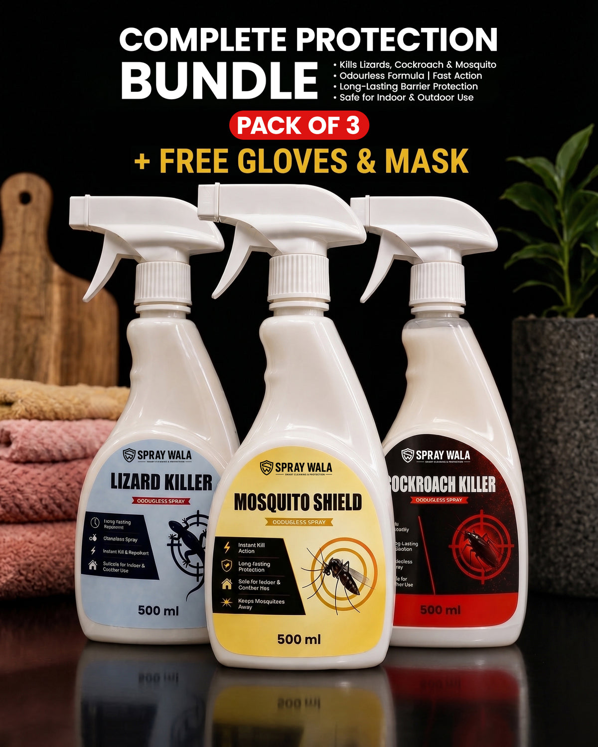 Home Guard Bundle – Pack of 3 x 500ml | Lizard, Mosquito & Cockroach Killer | SPRAYWALA